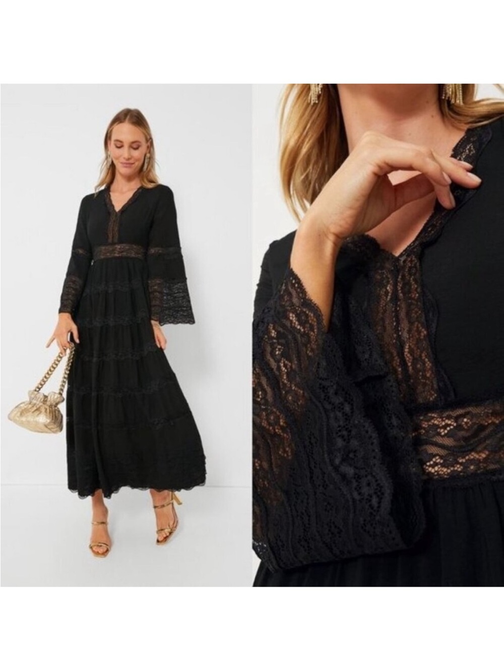Tuckernuck Hyacinth House Lydia V-Neck Lace Tiered Bell Sleeve Maxi  Dress XL